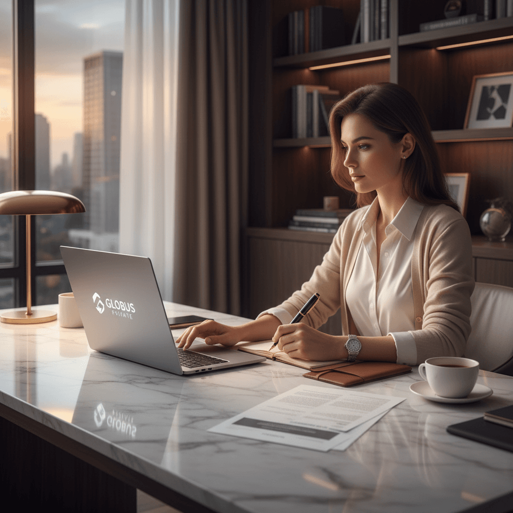 Wealthy client managing personal banking on premium laptop at marble desk