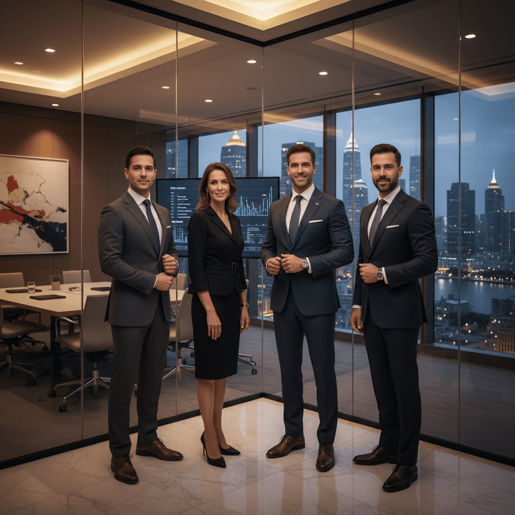 Illunwo Bank leadership team of four diverse executives in modern glass office with city skyline